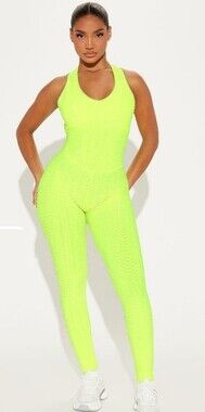 NEW Fashion Nova The Best Assets Textured Scrunch Butt Jumpsuit - Neon Yellow Lg